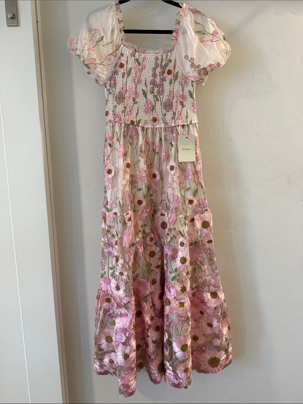 bohme Pink and Green Floral Embroidered Maxi Dress with Puff Sleeves